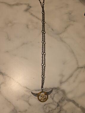 Custom made Winged Skull Gear Pendant Necklace - Silver & Gold Tones, Unisex